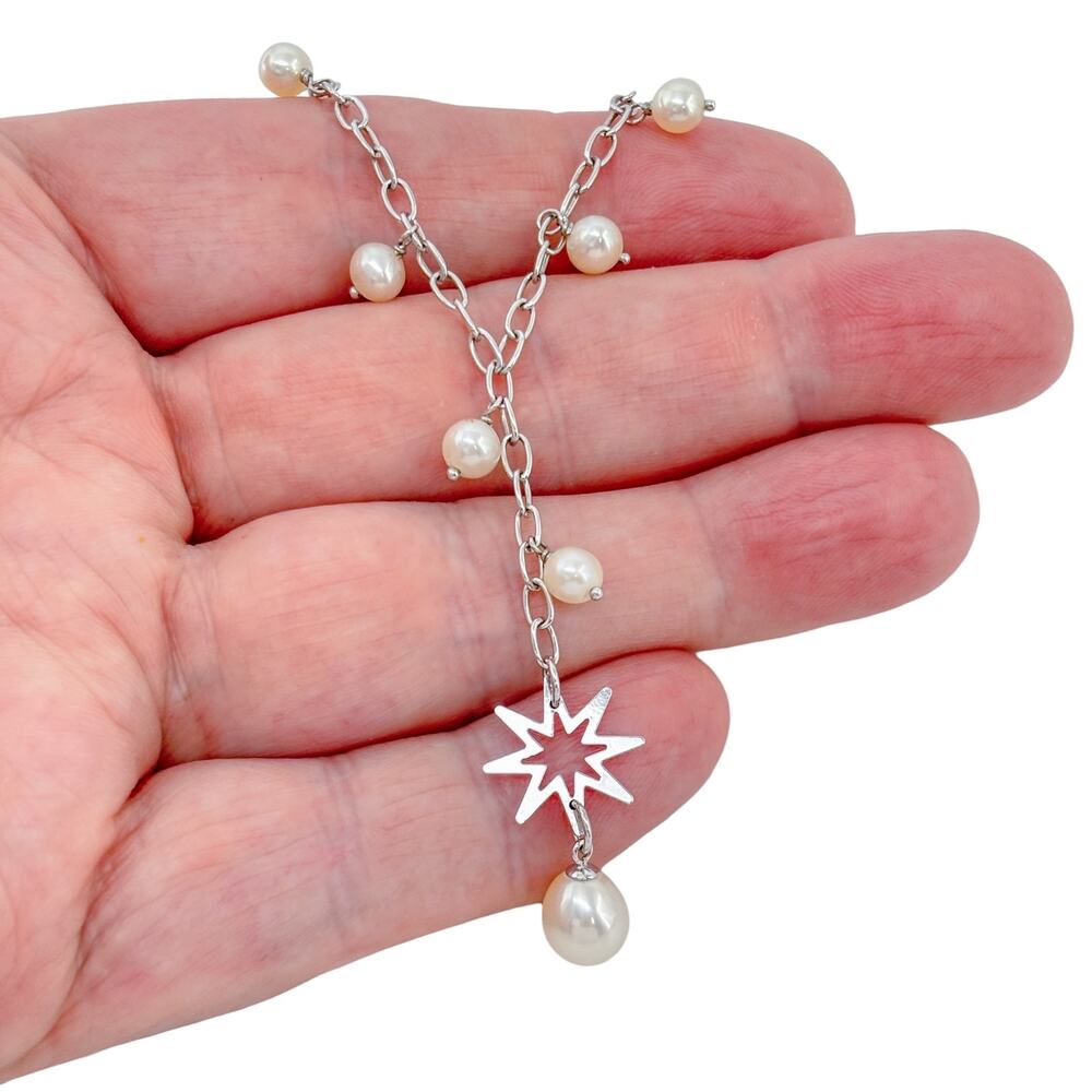 Vintage Sterling Silver 925 Pearl Star Lariat Necklace 16.5"-17.5"